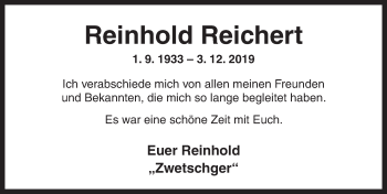 Traueranzeige von Reinhold Reichert von Ansbach