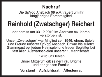 Traueranzeige von Reinhold Reichert von Ansbach
