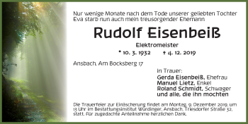 Traueranzeige von Rudolf Eisenbeiß von Ansbach