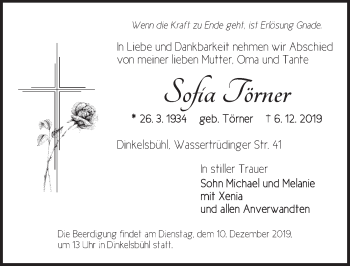 Traueranzeige von Sofia Törner von Dinkelsbühl/ Feuchtwangen
