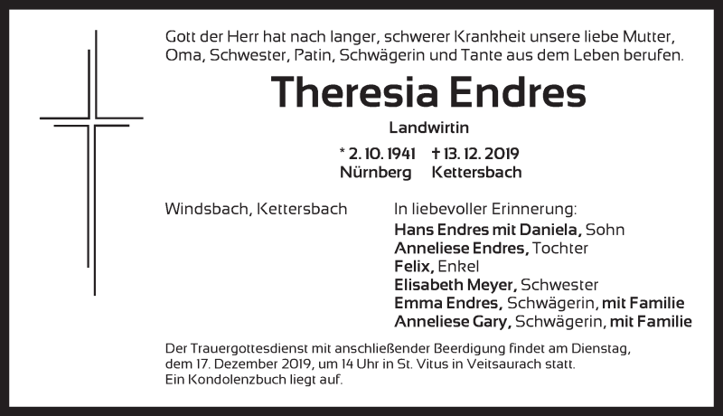  Traueranzeige für Theresia Endres vom 16.12.2019 aus Ansbach