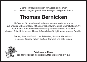 Traueranzeige von Thomas Bernicken von Rothenburg