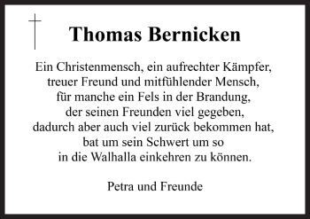 Traueranzeige von Thomas Bernicken von Rothenburg