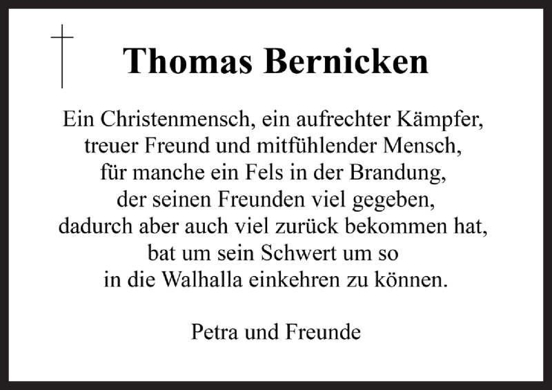  Traueranzeige für Thomas Bernicken vom 17.12.2019 aus Rothenburg