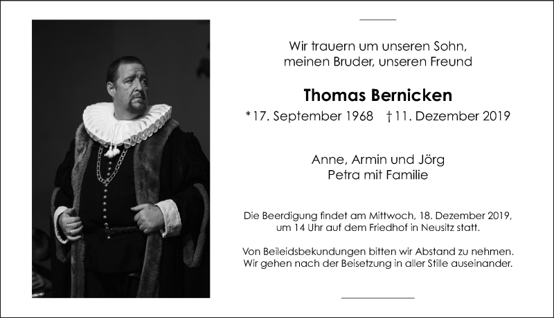  Traueranzeige für Thomas Bernicken vom 16.12.2019 aus Rothenburg (Fränkischer Anzeiger)