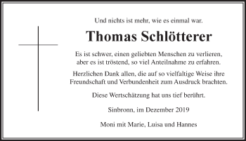 Traueranzeige von Thomas Schlötterer von Dinkelsbühl/ Feuchtwangen