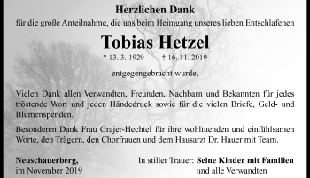 Traueranzeige von Tobias Hetzel von Neustadt/ Scheinfeld/ Uffenheim