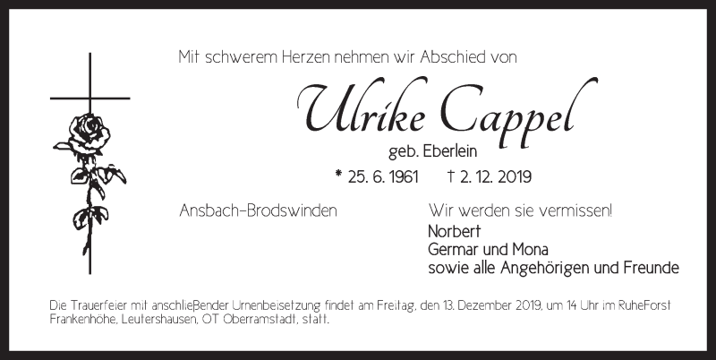  Traueranzeige für Ulrike Cappel vom 09.12.2019 aus Ansbach