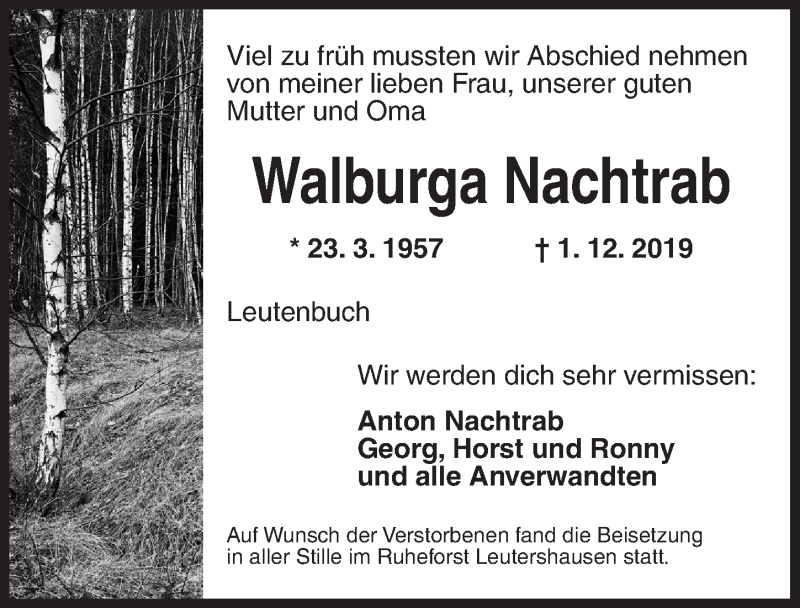 Traueranzeige für Walburga Nachtrab vom 23.12.2019 aus Ansbach