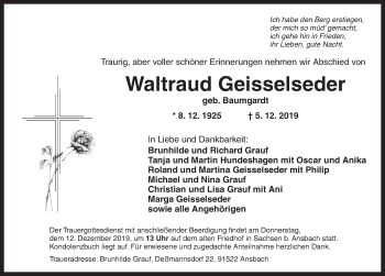 Traueranzeige von Waltraud Geisselseder von Ansbach