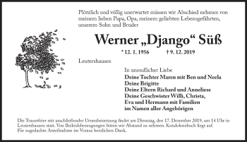 Traueranzeige von Werner Süß von Ansbach