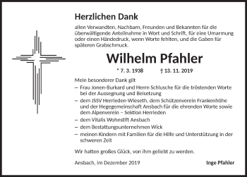 Traueranzeige von Wilhelm Pfahler von Dinkelsbühl/ Feuchtwangen