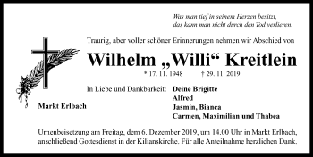 Traueranzeige von Wilhelm Willi Kreitlein von Neustadt/ Scheinfeld/ Uffenheim