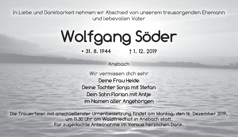  Traueranzeige für Wolfgang Söder vom 13.12.2019 aus Ansbach