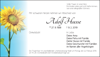 Traueranzeige von Adolf Husse von Dinkelsbühl/ Feuchtwangen