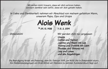 Traueranzeige von Alois Wenk von Dinkelsbühl/ Feuchtwangen