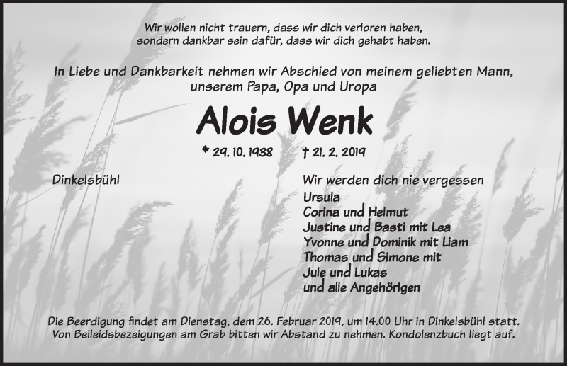 Traueranzeige für Alois Wenk vom 23.02.2019 aus Dinkelsbühl/ Feuchtwangen