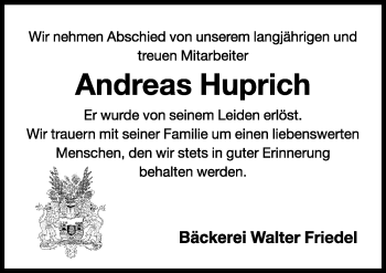 Traueranzeige von Andreas Huprich von Rothenburg