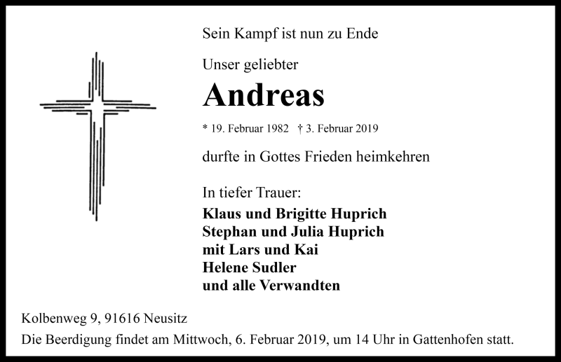  Traueranzeige für Andreas Huprich vom 05.02.2019 aus Rothenburg