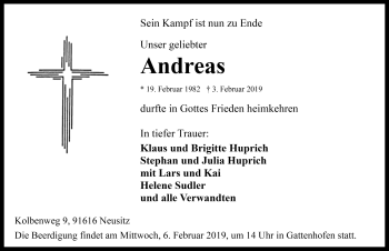 Traueranzeige von Andreas Huprich von Rothenburg