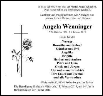 Traueranzeige von Angela Wenninger von Rothenburg