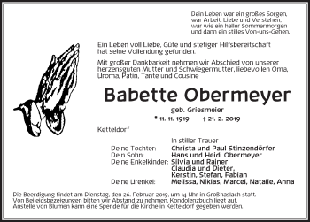 Traueranzeige von Babette Obermeyer von Ansbach