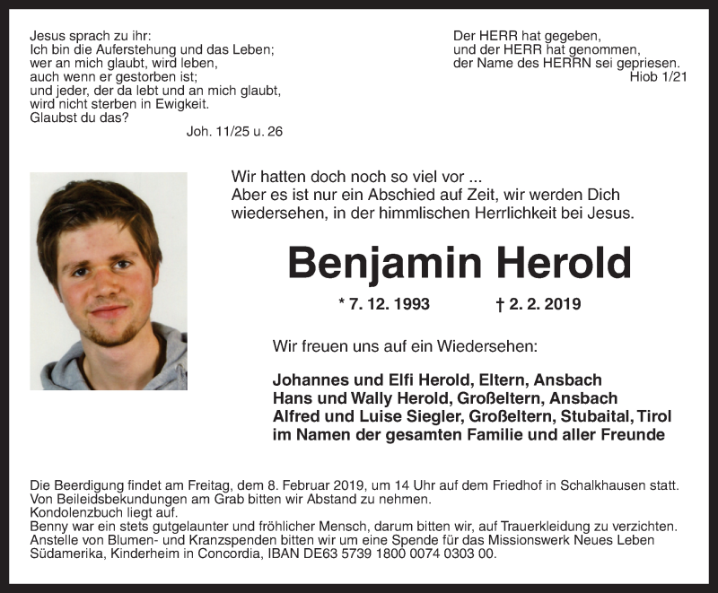  Traueranzeige für Benjamin Herold vom 06.02.2019 aus Ansbach