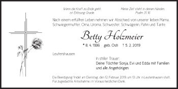 Traueranzeige von Betty Holzmeier von Ansbach