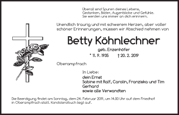 Traueranzeige von Betty Köhnlechner von Dinkelsbühl/ Feuchtwangen