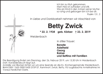 Traueranzeige von Betty Zwick von Ansbach