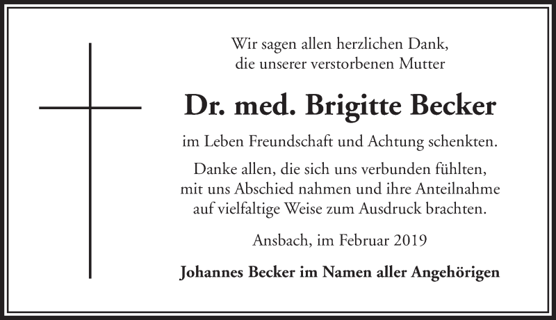  Traueranzeige für Brigitte Becker vom 16.02.2019 aus Gesamtausgabe