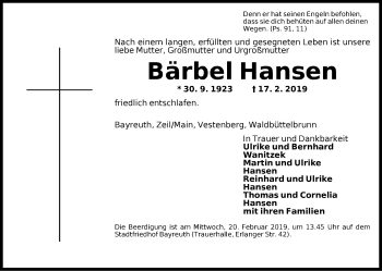 Traueranzeige von Bärbel Hansen von Ansbach