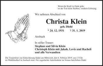 Traueranzeige von Christa Klein von Ansbach