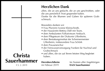 Traueranzeige von Christa Sauerhammer von Neustadt/ Scheinfeld/ Uffenheim