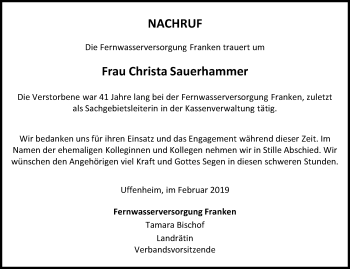 Traueranzeige von Christa Sauerhammer von Neustadt/ Scheinfeld/ Uffenheim