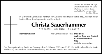 Traueranzeige von Christa Sauerhammer von Neustadt/ Scheinfeld/ Uffenheim