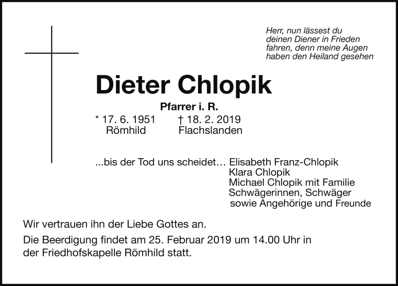  Traueranzeige für Dieter Chlopik vom 23.02.2019 aus Fränkische Landeszeitung