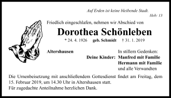 Traueranzeige von Dorothea Schönleben von Neustadt/ Scheinfeld/ Uffenheim