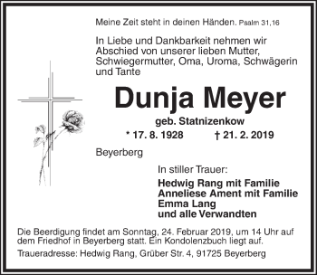 Traueranzeige von Dunja Meyer von Dinkelsbühl/ Feuchtwangen