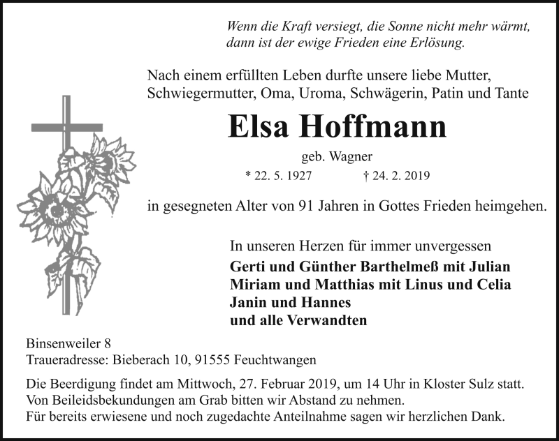 Traueranzeigen von Elsa Hoffmann | trauer.flz.de