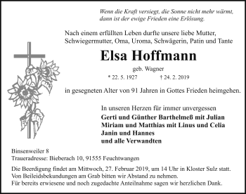 Traueranzeige von Elsa Hoffmann von Rothenburg