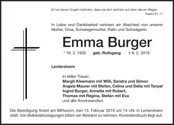 Traueranzeige von Emma Burger von Dinkelsbühl/ Feuchtwangen