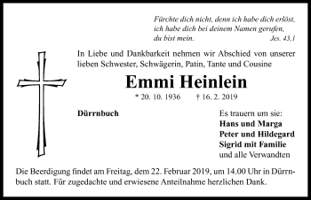 Traueranzeige von Emmi Heinlein von Neustadt/ Scheinfeld/ Uffenheim