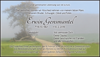 Traueranzeige von Erwin Gensmantel von Dinkelsbühl/ Feuchtwangen