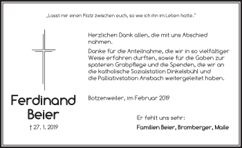 Traueranzeige von Ferdinand Beier von Dinkelsbühl/ Feuchtwangen