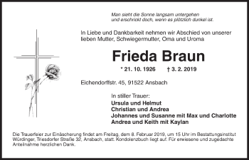 Traueranzeige von Frieda Braun von Ansbach