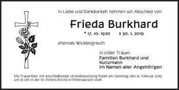 Traueranzeige von Frieda Burkhard von Ansbach