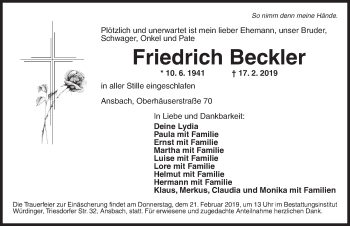 Traueranzeige von Friedrich Beckler von Ansbach
