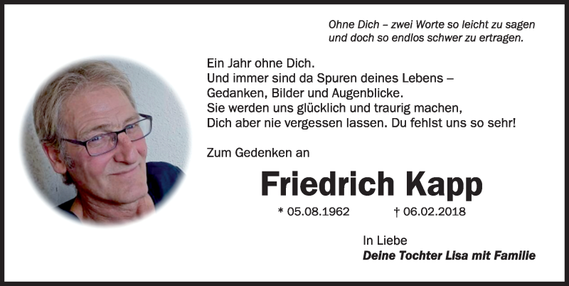  Traueranzeige für Friedrich Kapp vom 06.02.2019 aus Rothenburg