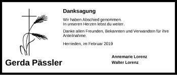 Traueranzeige von Gerda Pässler von Dinkelsbühl/ Feuchtwangen